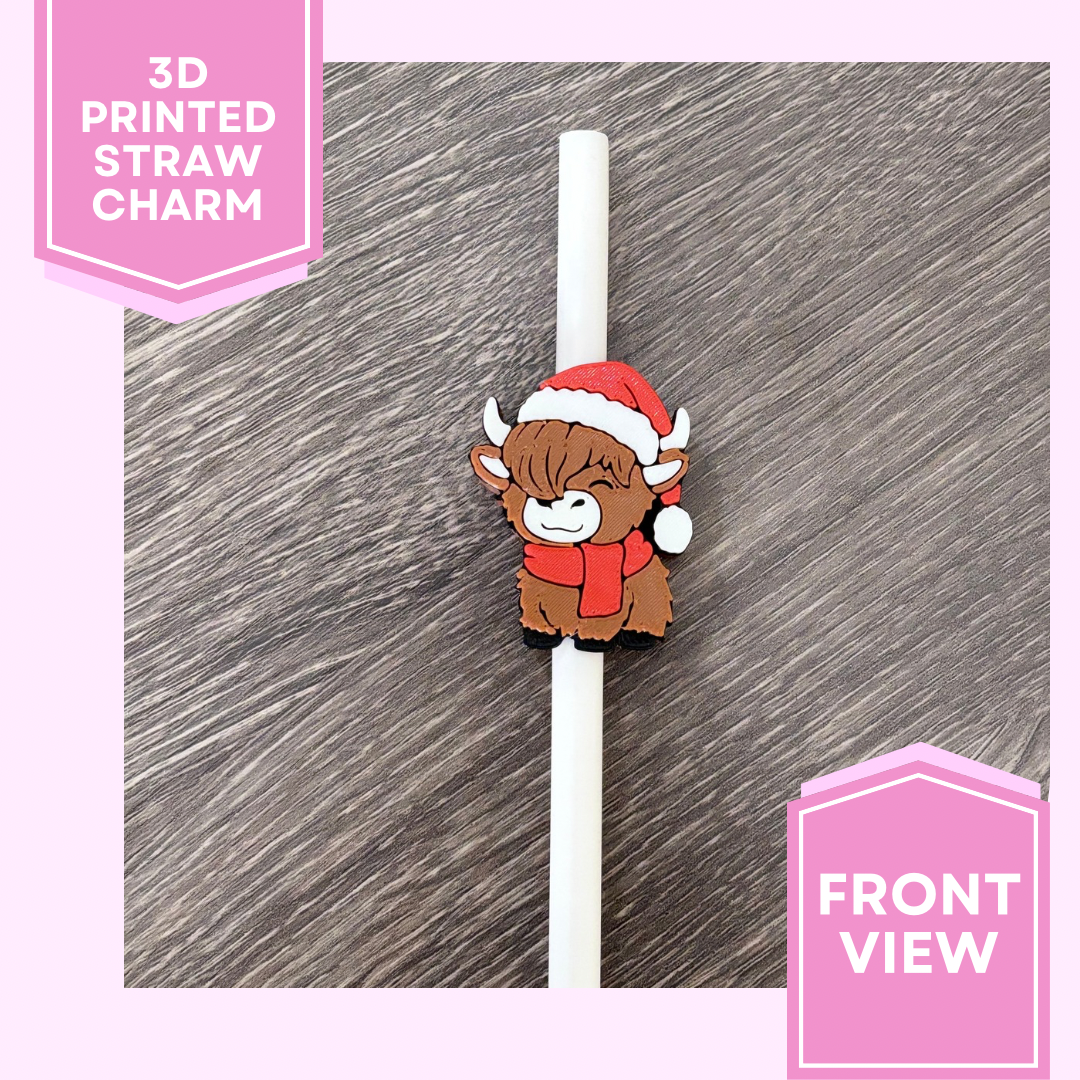 3D Printed Straw Charm- Santa Hat Highland Cow