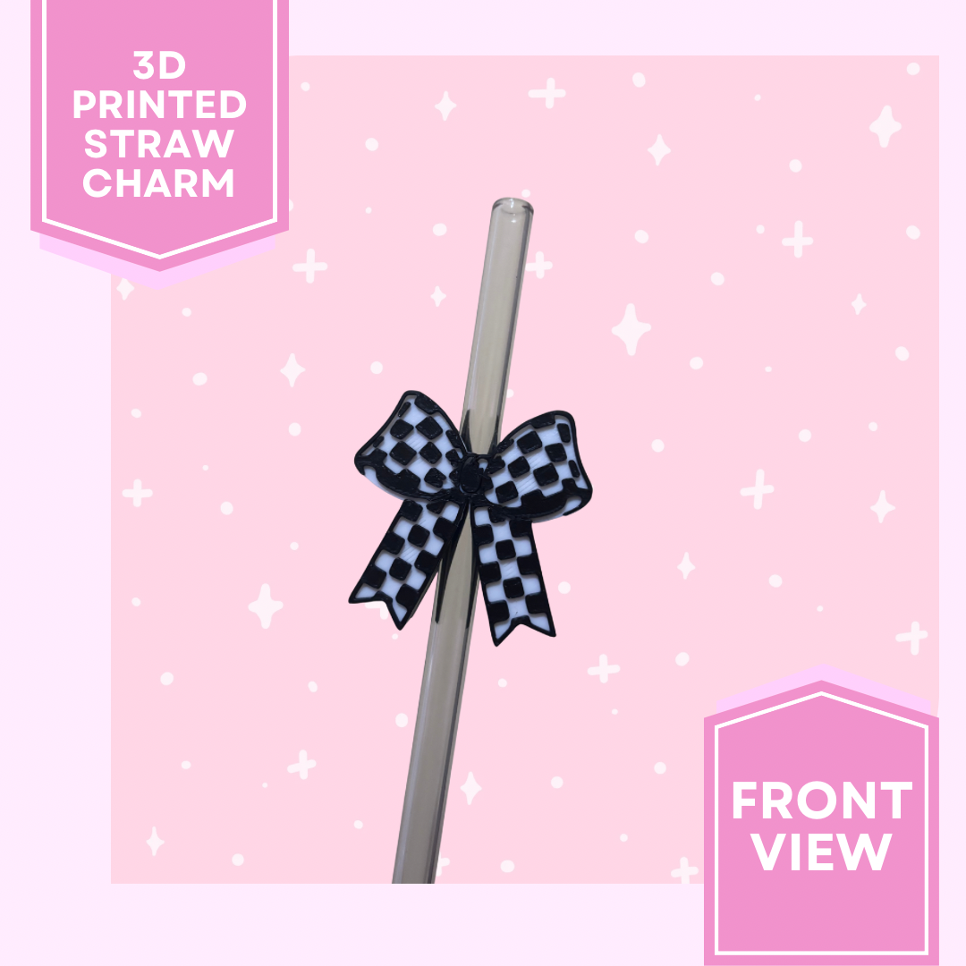 3D Printed Straw Charm- Black & White Checkered Bow