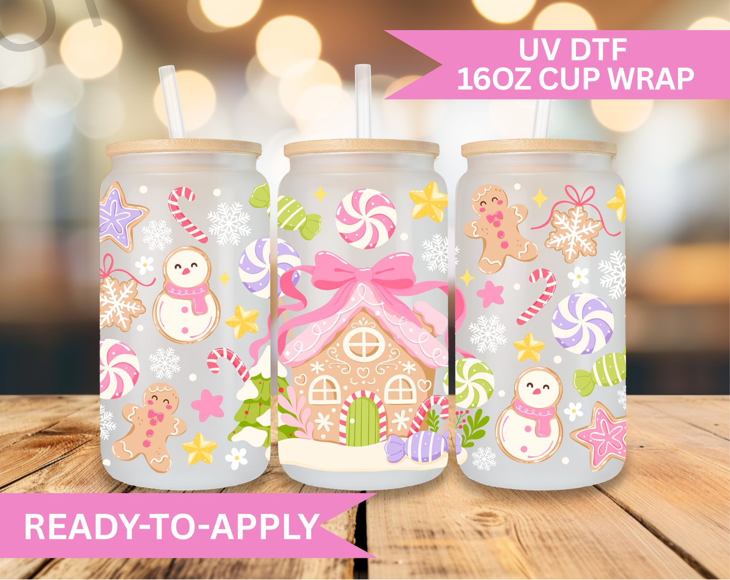 16oz UV DTF Wrap- Gingerbread House Candy Theme