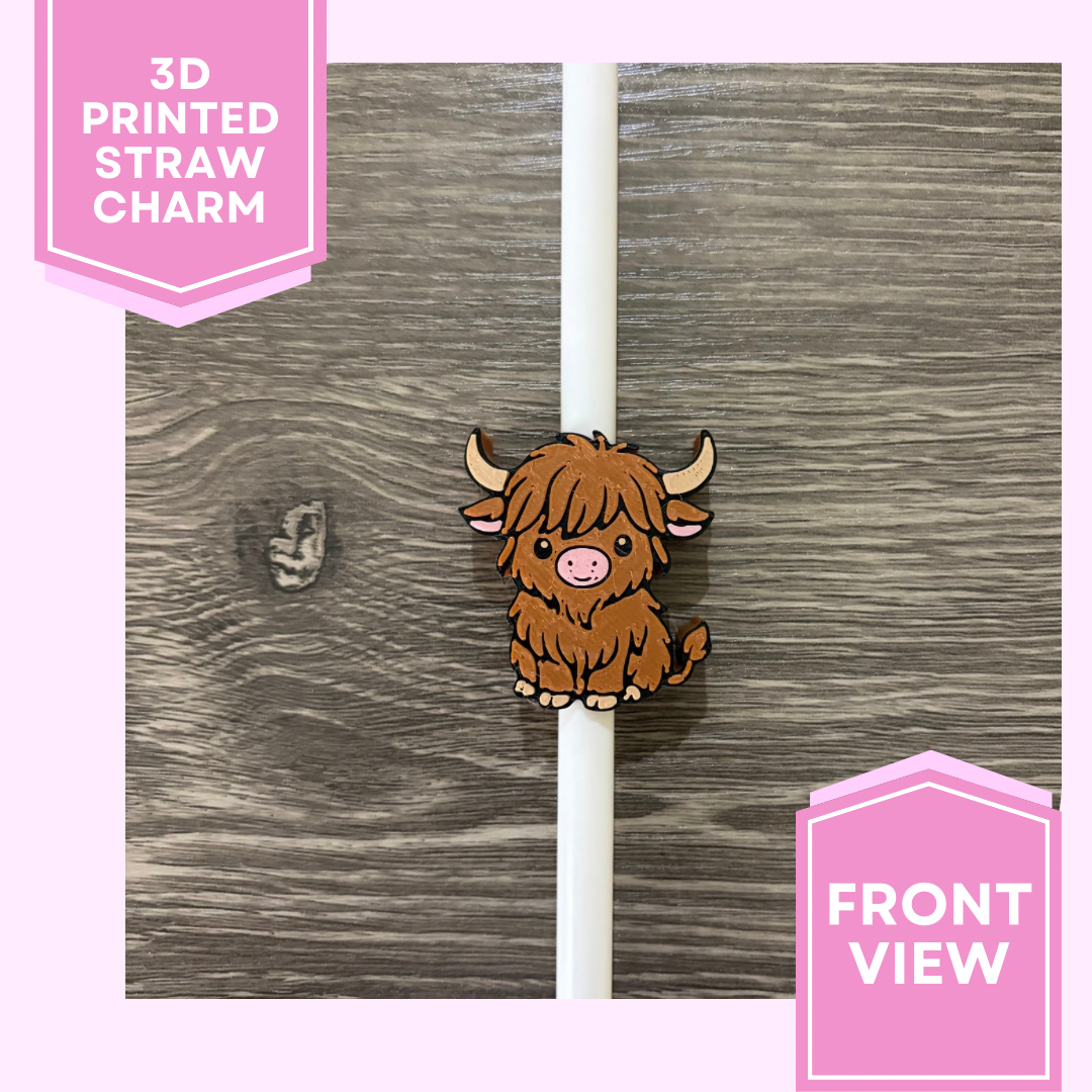 3D Printed Straw Charm- Highland Cow