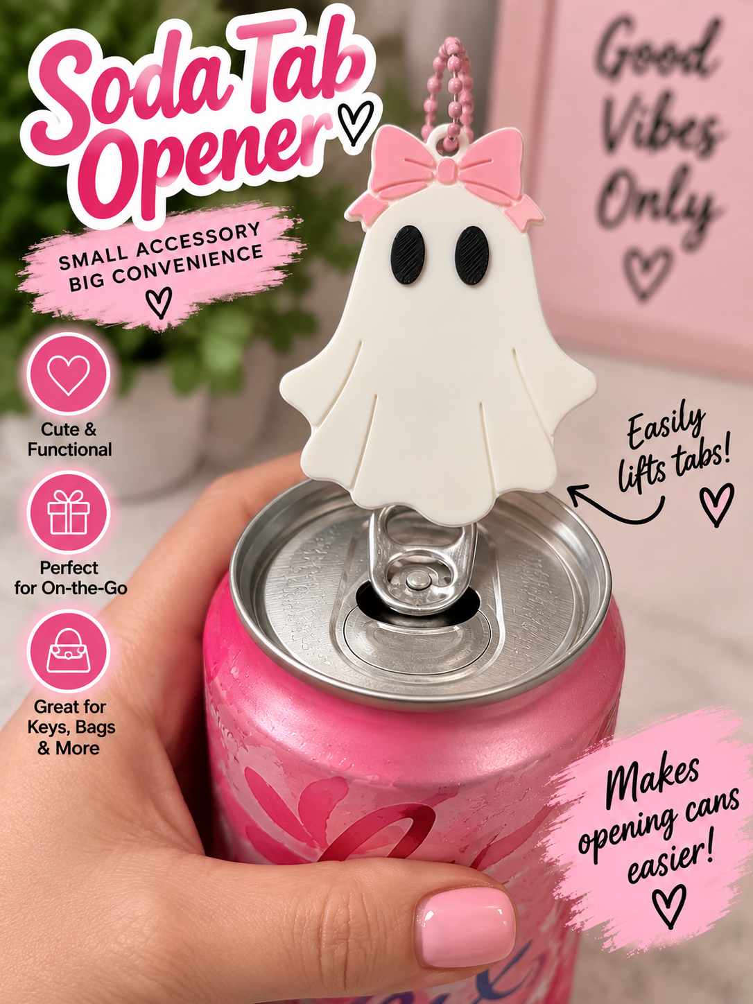 3D Printed Soda Tab Opener- Ghost with Pink Bow
