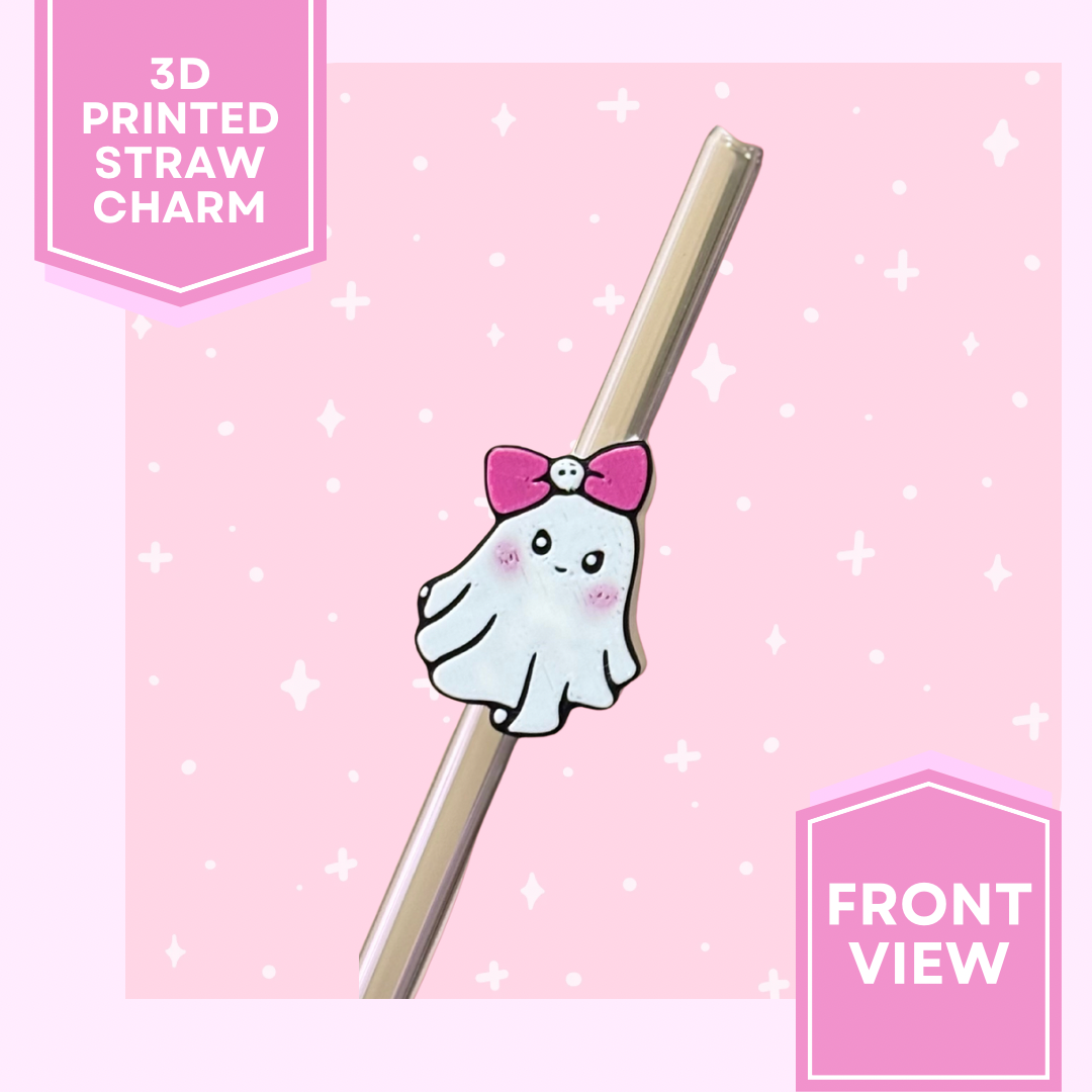 3D Printed Straw Charm- Cute Pink Bow Ghost
