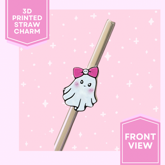 3D Printed Straw Charm- Cute Pink Bow Ghost