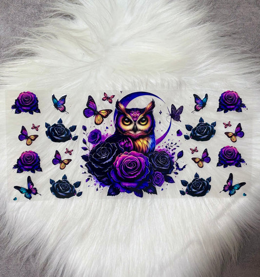 UV DTF Wrap- Black & Purple Owl & Roses
