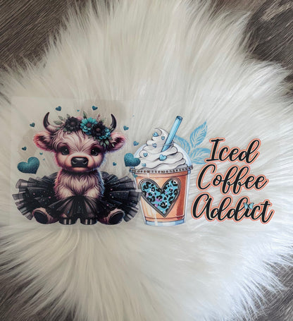 16oz UV DTF Wrap- Highland Cow Iced Coffee Addict Teal