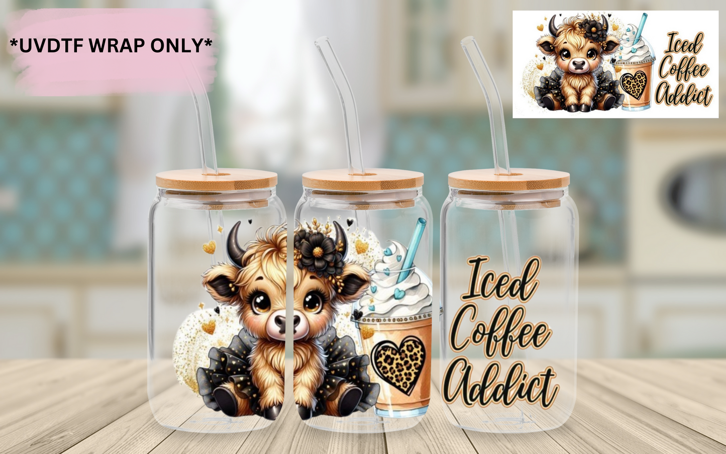 UV DTF Wrap- Iced Coffee Addict Cow