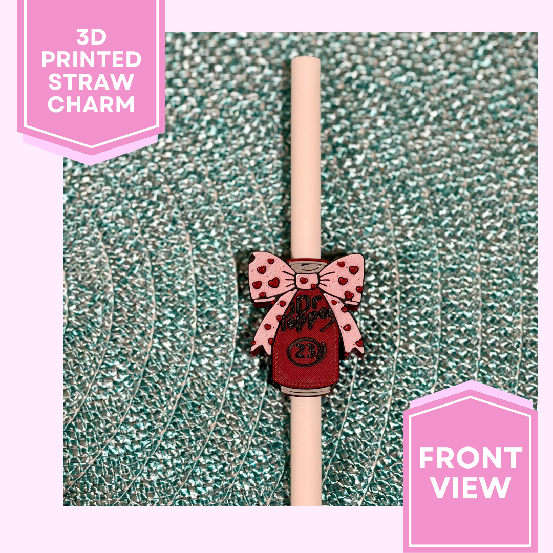 3D Printed Straw Charm- Dr Pepper Pink Coquette W/ Hearts