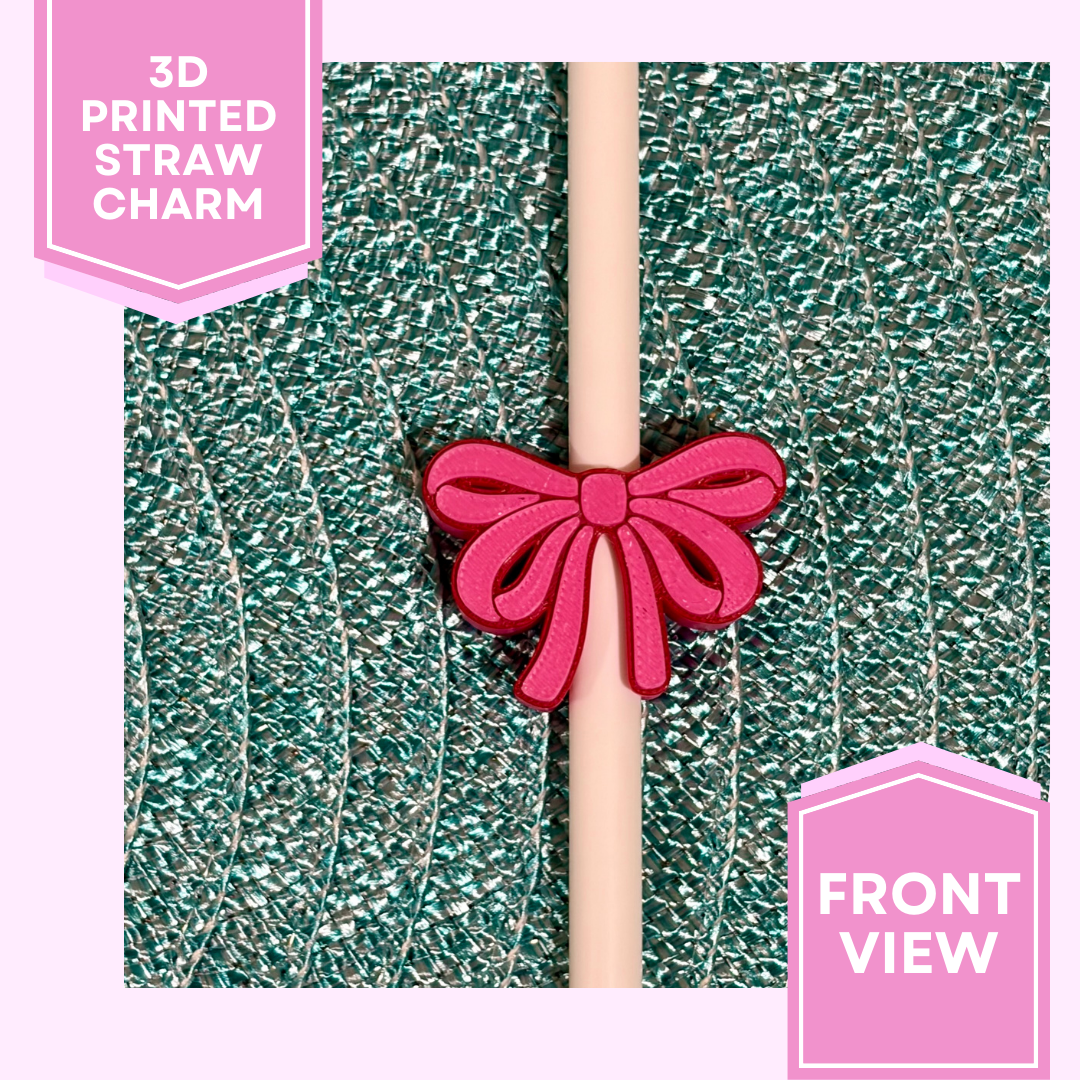 3D Printed Straw Charm- Pink Bow W/ Red Outline