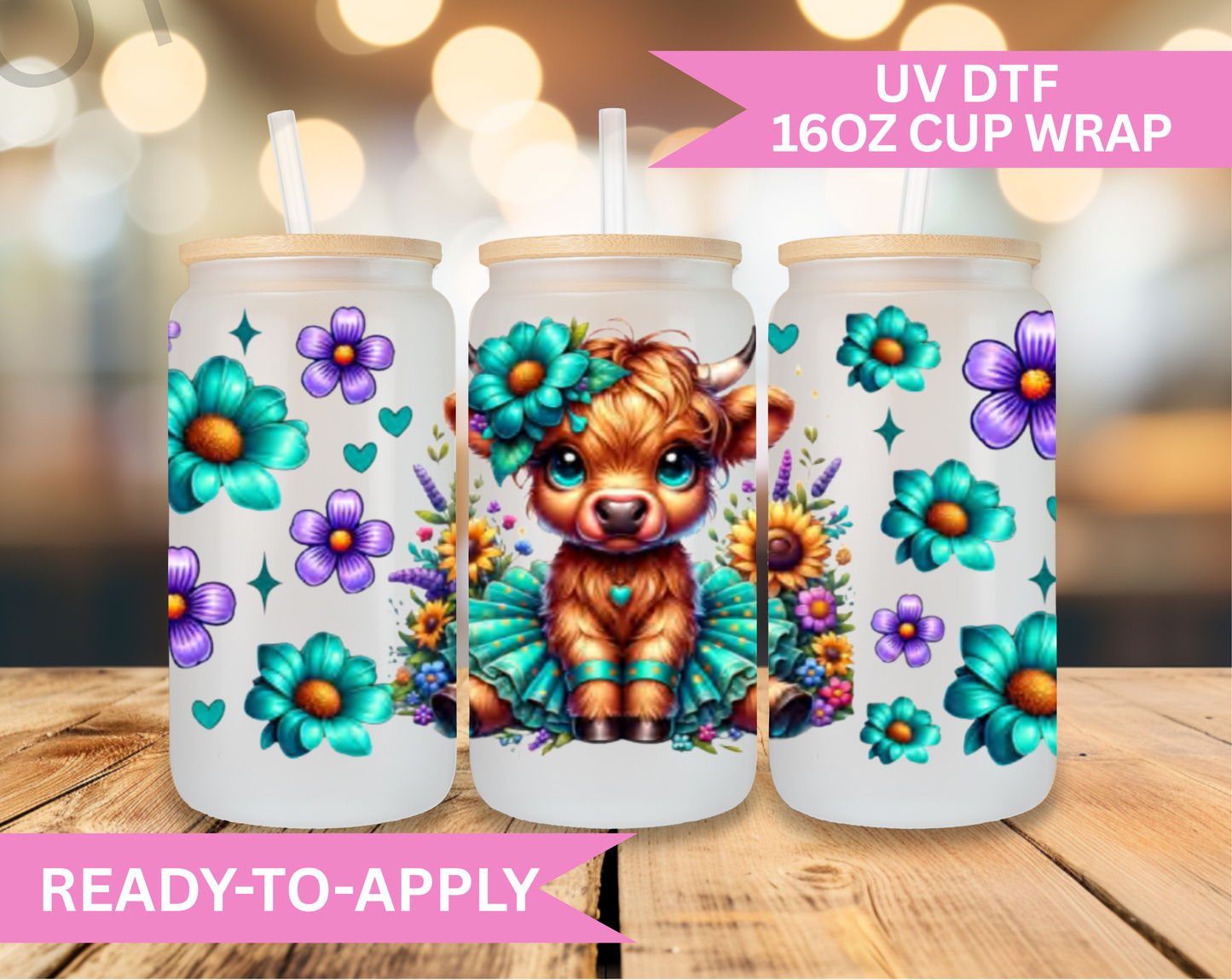 16oz UV DTF Wrap- Highland Cow Purple & Pink Flowers