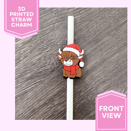 3D Printed Straw Charm- Santa Hat Highland Cow