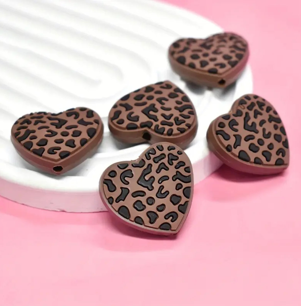 Brown Leopard Print Heart Shape PVC Focal Bead (1 Bead Per Pack)