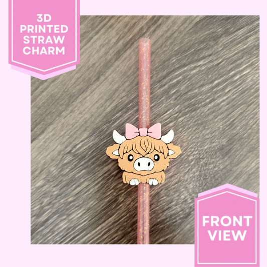 3D Printed Straw Charm- Highland Cow Pink Bow