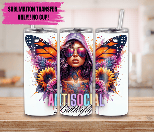 Sublimation Transfer For 20oz Tumbler- Antisocial Butterfly