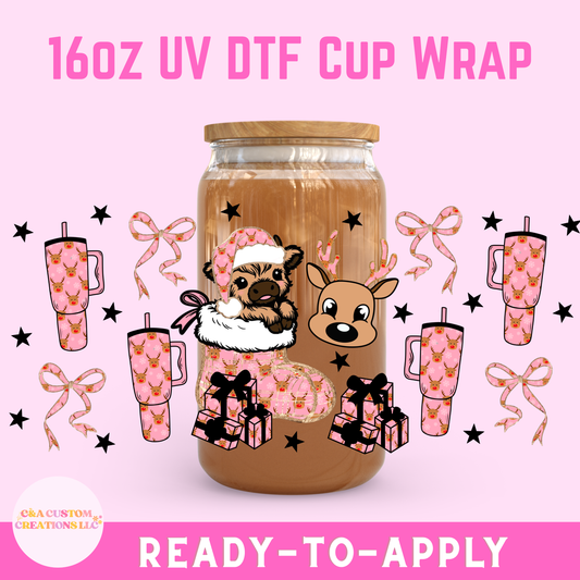 16oz UV DTF Wrap- Christmas Cow & Reindeer