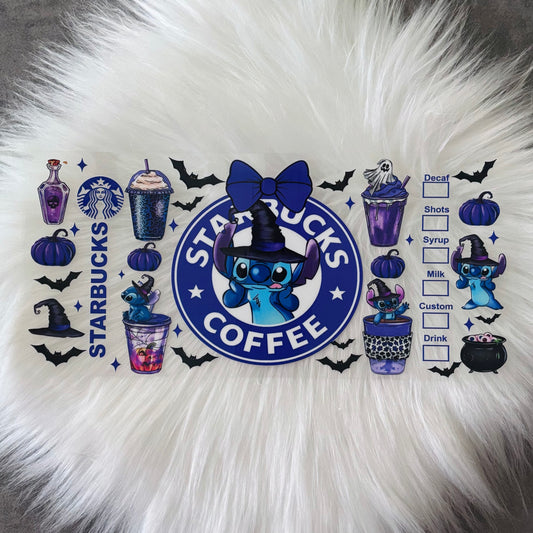 16oz UV DTF Wrap- Blue Alien Halloween Coffee