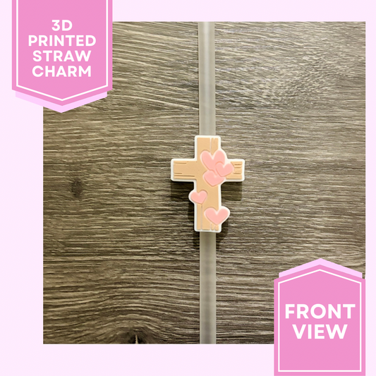 3D Printed Straw Charm- Cross w/ Hearts