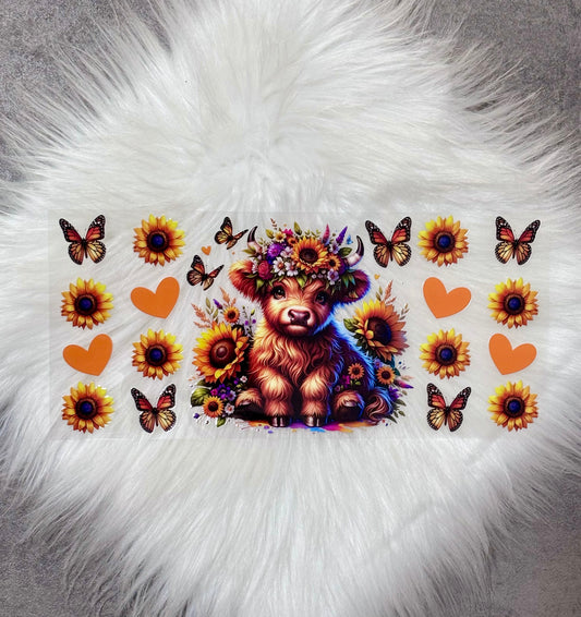 16oz UV DTF Wrap- Highland Cow Yellow Hearts