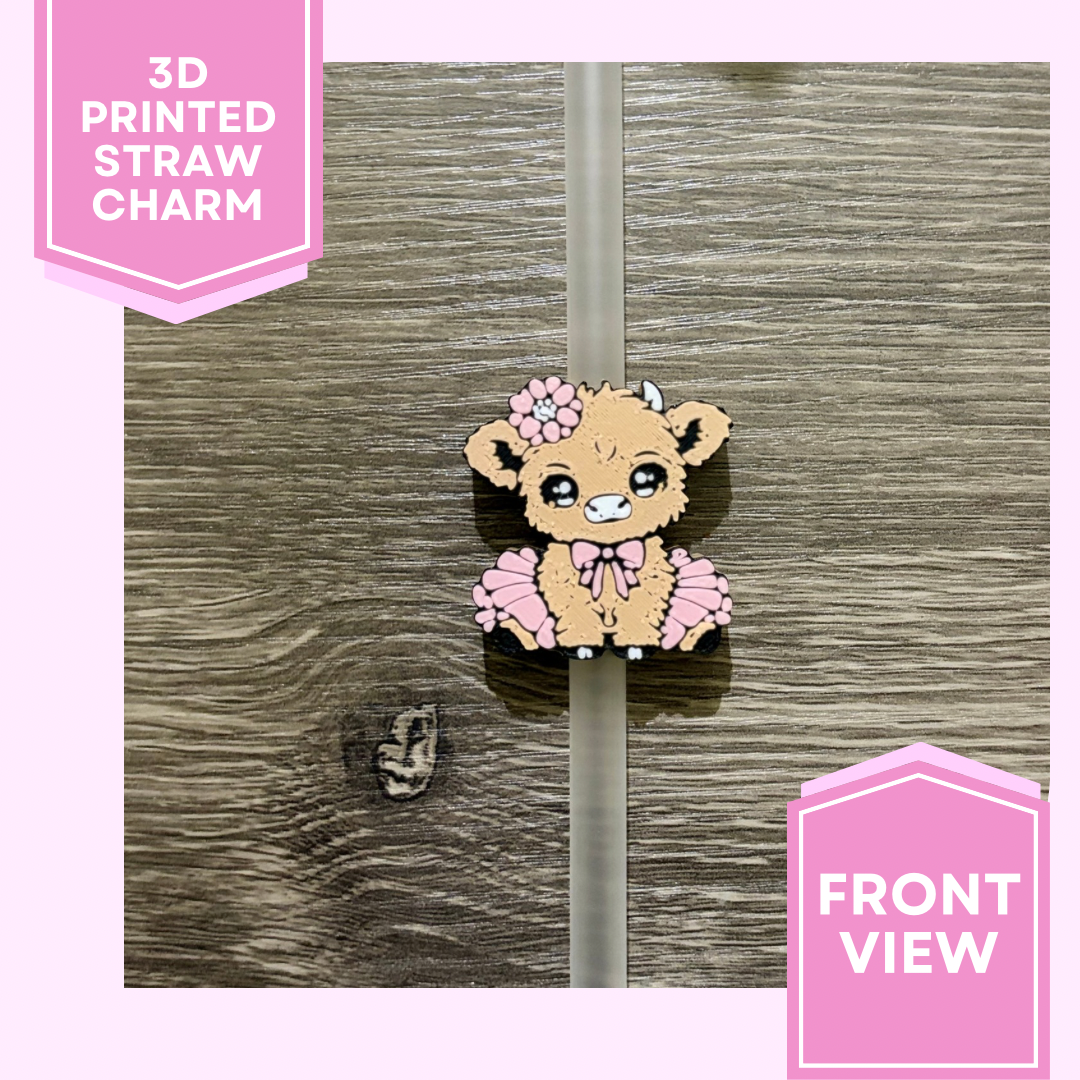 3D Printed Straw Charm- Pink Tutu Highland Cow