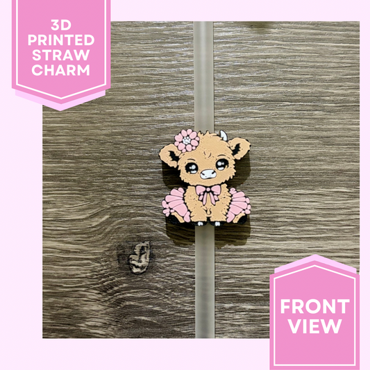 3D Printed Straw Charm- Pink Tutu Highland Cow