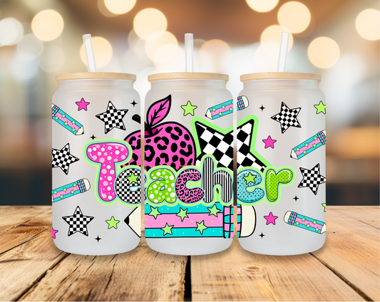 16oz UV DTF Wrap- Teacher Checkered Stars