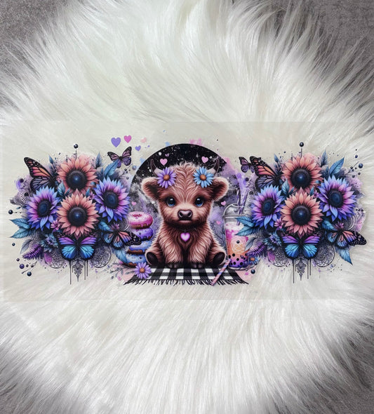 16oz UV DTF Wrap-Highland Cow Purple Flowers