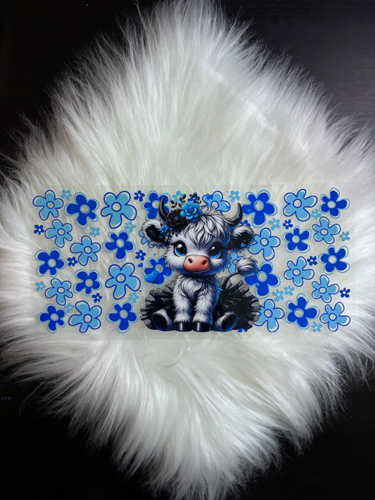 UV DTF Wrap- Blue Flowers Highland Cow