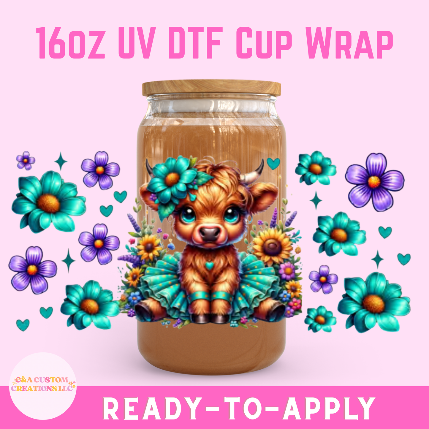 16oz UV DTF Wrap- Highland Cow Purple & Pink Flowers