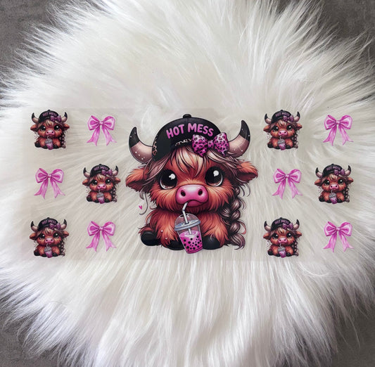 16oz UV DTF Wrap- Hot Mess Pink Bows Highland Cow