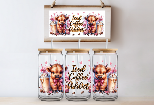 UV DTF Wrap- Iced Coffee Addict Highland Cows Hearts