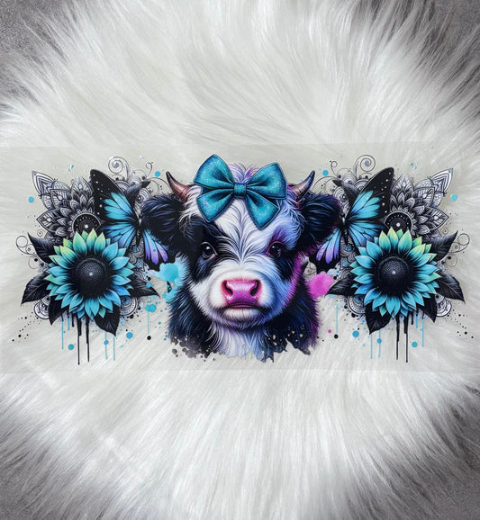16oz UV DTF Wrap- Cow W/ Blue Flowers