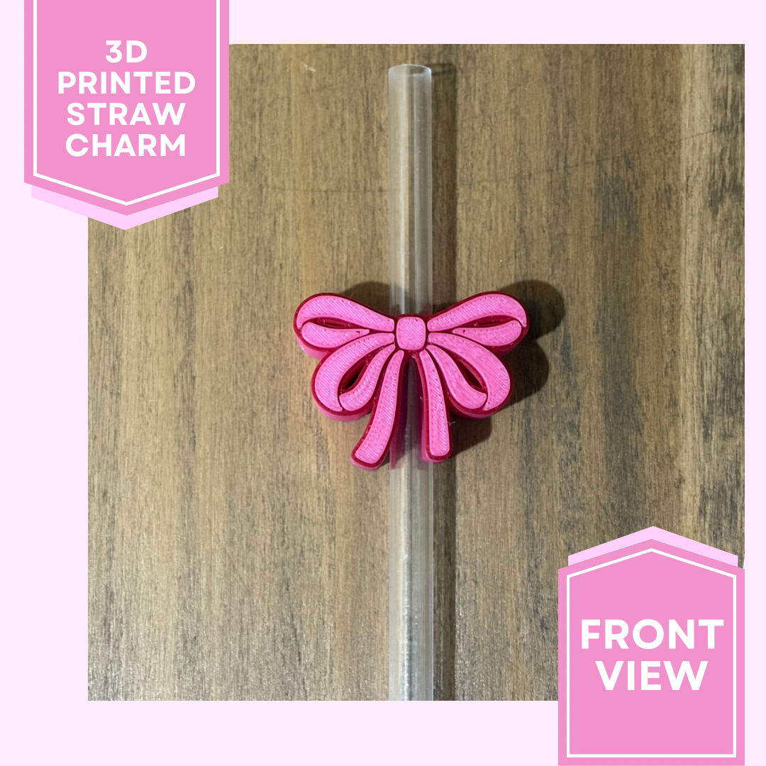 3D Printed Straw Charm- Pink Bow W/ Red Outline
