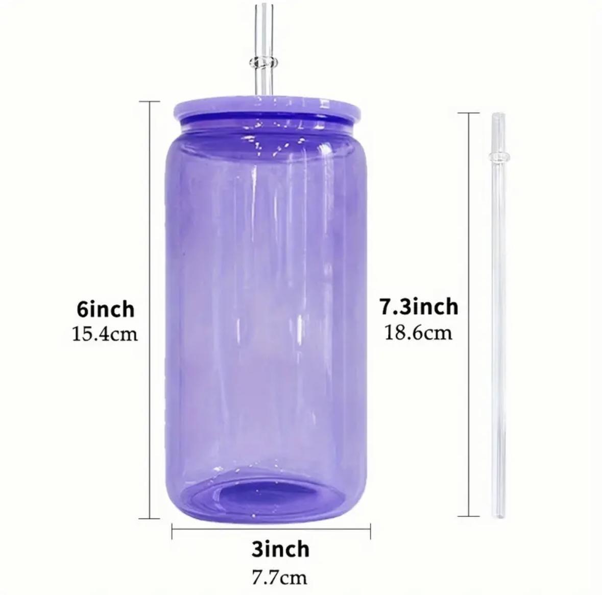 16oz jelly colored glass can cup w/ plastic lid and plastic straw